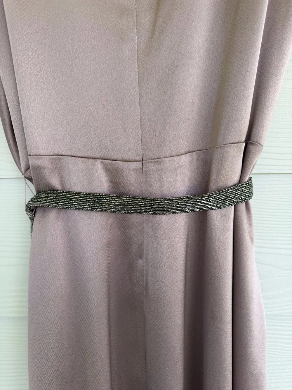 NWT Lauren Ralph Lauren Dress Size 16 Mauve Satin Faux Wrap Midi Beaded Belt - Picture 10 of 11